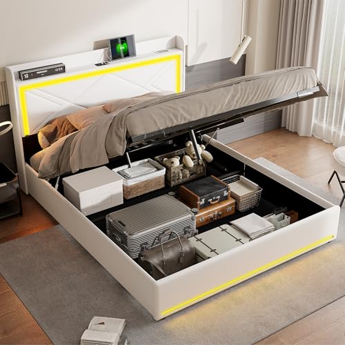 Polsterbett Doppelbett 140x200, LED Stauraumbett Funktionsbett Bettgestell mit Stauraum und Lattenrost, Kopfteil mit USB Type-C Ladefunktion und Staufach, PU, ​​ohne Matratze (Weiß, 140x200cm) von VixorLuilith