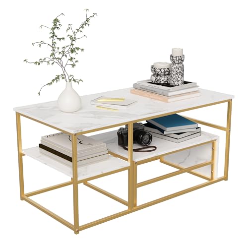 VixorLuilith 2er Set Couchtische quadratisch, Wohnzimmertische mit Ablage, Beistelltische mit verstellbaren Beinen, Marmoroptik, Metallgestell, geeignet für Wohnzimmer, Balkon und Büro(Weiß+Gold) von VixorLuilith