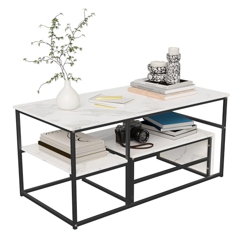 VixorLuilith 2er Set Couchtische quadratisch, Wohnzimmertische mit Ablage, Beistelltische mit verstellbaren Beinen, Marmoroptik, Metallgestell, geeignet für Wohnzimmer, Balkon und Büro (Schwarz+Weiß) von VixorLuilith