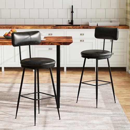 VixorLuilith Barhocker mit Rückenlehne, PU-Leder, mit Fußstütze, Retro-Design, Fußdurchmesser 34 cm, geeignet für Küche, Wohnzimmer, Bar, Schwarz (2) von VixorLuilith