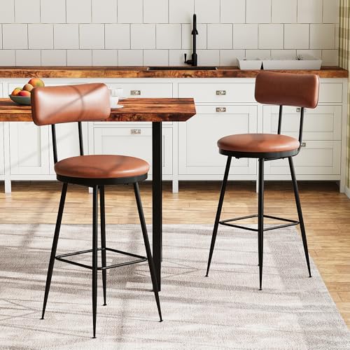 VixorLuilith Barhocker mit Rückenlehne und Fußstütze, PU-Leder, Retro-Design, Fußdurchmesser 34 cm, geeignet für Küche, Wohnzimmer, Bar, Braun (2) von VixorLuilith