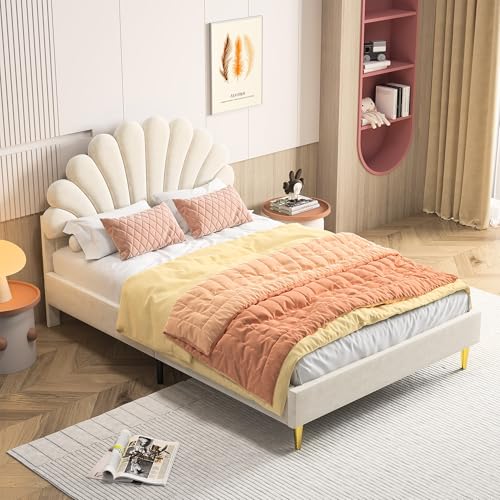 VixorLuilith Gepolstertes Kinderbett 140x200 cm, Bettgestell mit floralem Kopfteil und Lattenrost, Mädchenbett, Doppelbett in hautfreundlichem Samt, Matratze Nicht im Lieferumfang enthalten (Beige) von VixorLuilith