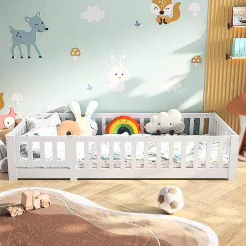 VixorLuilith Kinder-Bodenbett 90x200 cm, Montessori-Kinderbett mit Rausfallschutz und Lattenrost, Jugend-Einzelbett für Jungen und Mädchen, ohne Matratze von VixorLuilith