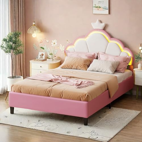 VixorLuilith Mädchenbett 140x200 cm, Prinzessinnenbett in hautfreundlichem Samt, Massivholz-Lattenrost, mit LED-Beleuchtung, höhenverstellbares Kopfteil mit Krone, ohne Matratze (Rosa, 140x200cm) von VixorLuilith