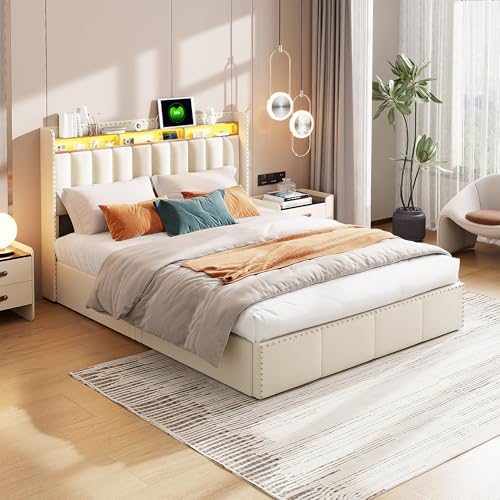 VixorLuilith Polsterbett 140x200 cm, mit LED, Doppelbett, Kopfteil mit Staufächern und USB-Ladefunktion, mit Stauraum und Lattenrost, hydraulischer Stauraumbettrahmen, ohne Matratze (140X200cm) von VixorLuilith