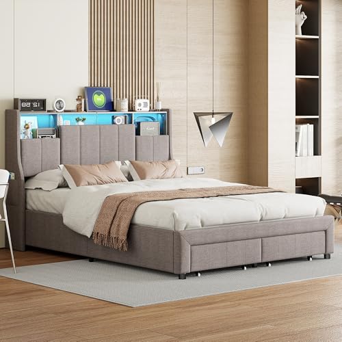 VixorLuilith Polsterbett 160x200 cm, Bett mit LED-Beleuchtung, Bettrahmen mit USB-Anschluss, Doppelbett mit Stauraum, Bettrahmen mit Lattenrost, 2 Schubladen, Leinen, moderner Stil (Grau, 160x200cm) von VixorLuilith