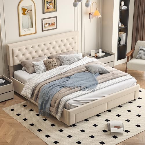 VixorLuilith Polsterbett 180x200 cm, Stauraumbett mit Unterbettstauraum, Doppelbett mit Schubladen, Bettrahmen, Samt, geeignet für Erwachsene und Jugendliche, Ohne Matratze (Beige, 180x200cm) von VixorLuilith