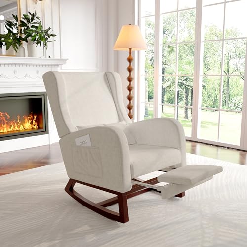 VixorLuilith Schaukelstuhl,Stillsessel Relaxsessel mit Holzsockel Fußstütze Verdicken Schaukelsessel, Armlehne, Relaxsessel für Wohnzimmer, Schlafzimmer, Babyzimmer & Leseraum (Beige) von VixorLuilith