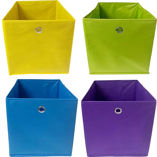 Vixzoid Aufbewahrungsbox Stoff 4er Set 33x38x33cm Faltbox Faltbare Faltkiste mit Fingerloch für Kallax Regale oder Schrank Regal Spind Einsatz Boxen (Gelb+Grün+Lila+Blau) von Vixzoid
