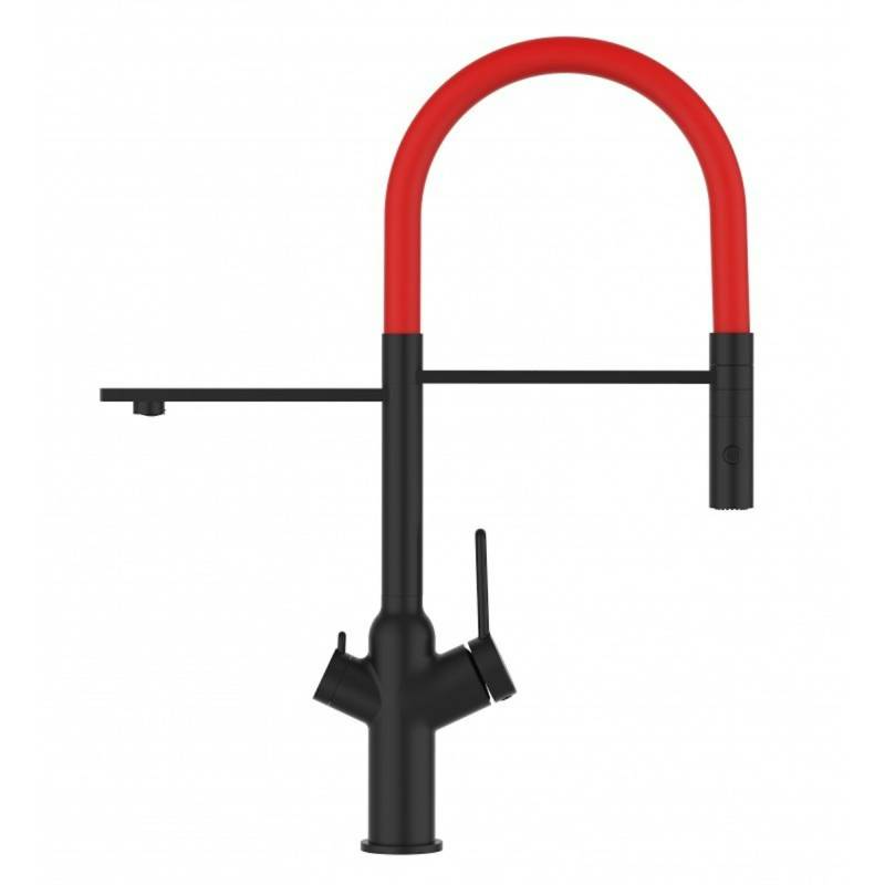 3 Wege Wasserhahn Küchenarmatur, BOD, mit 360° schwenkbarem Auslauf, abnehmbare 2 strahl Handbrause, Schwarz Matt / Rot von Vizio