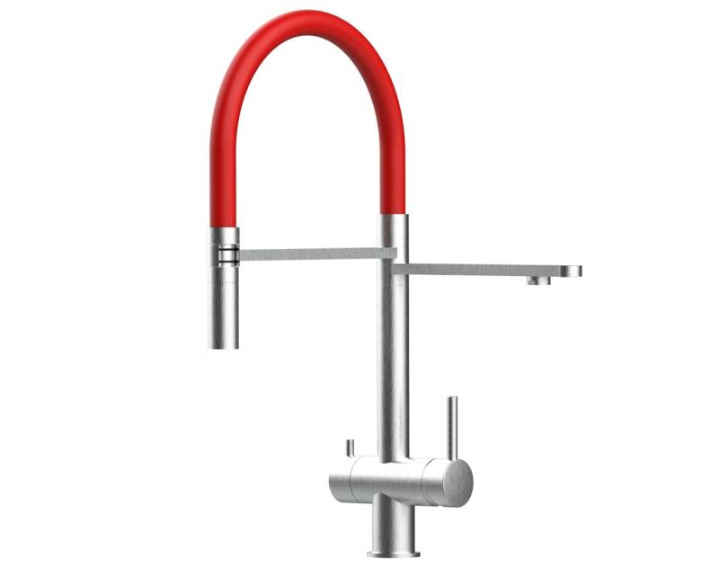 3 Wege Wasserhahn Küchenarmatur, Edelstahl Massiv mit 360° schwenkbarem Auslauf, abnehmbare 2 strahl Handbrause, Gebürstet / Rot von Vizio