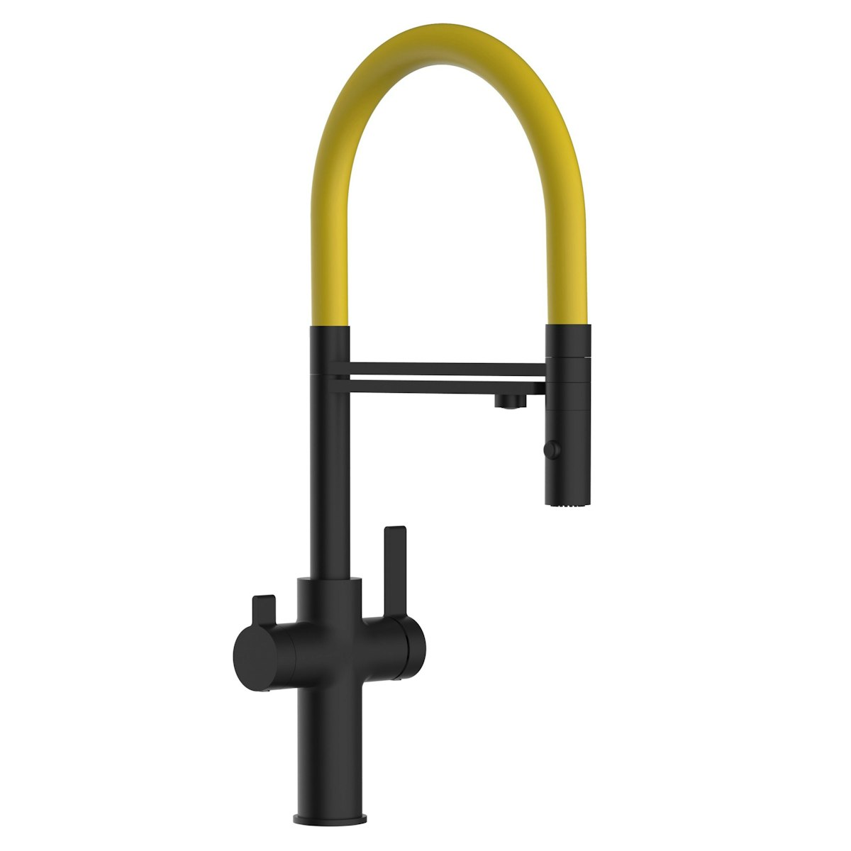 3 Wege Wasserhahn Küchenarmatur, FC, mit 360° schwenkbarem Auslauf, abnehmbare 2 strahl Handbrause, Schwarz Matt / Gelb von Vizio
