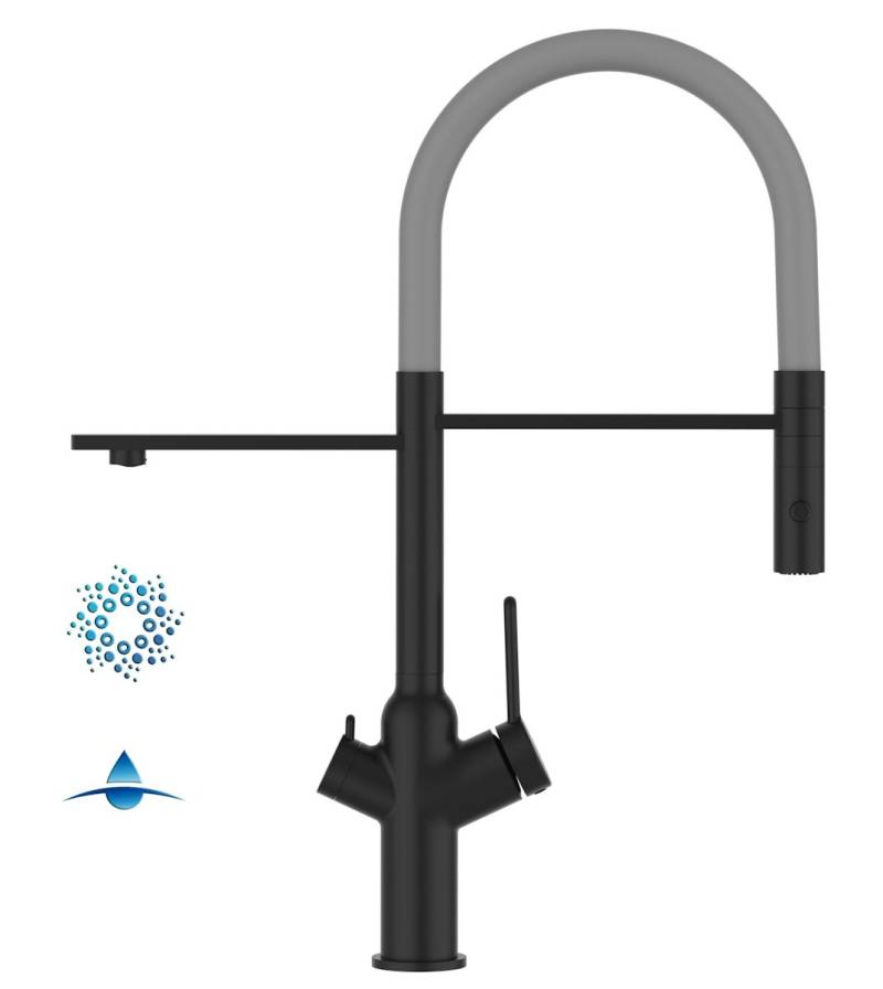 4 Wege Wasserhahn Küchenarmatur, BOD, mit 360° schwenkbarem Auslauf, abnehmbare 2 strahl Handbrause, Schwarz Matt / Grau von Vizio