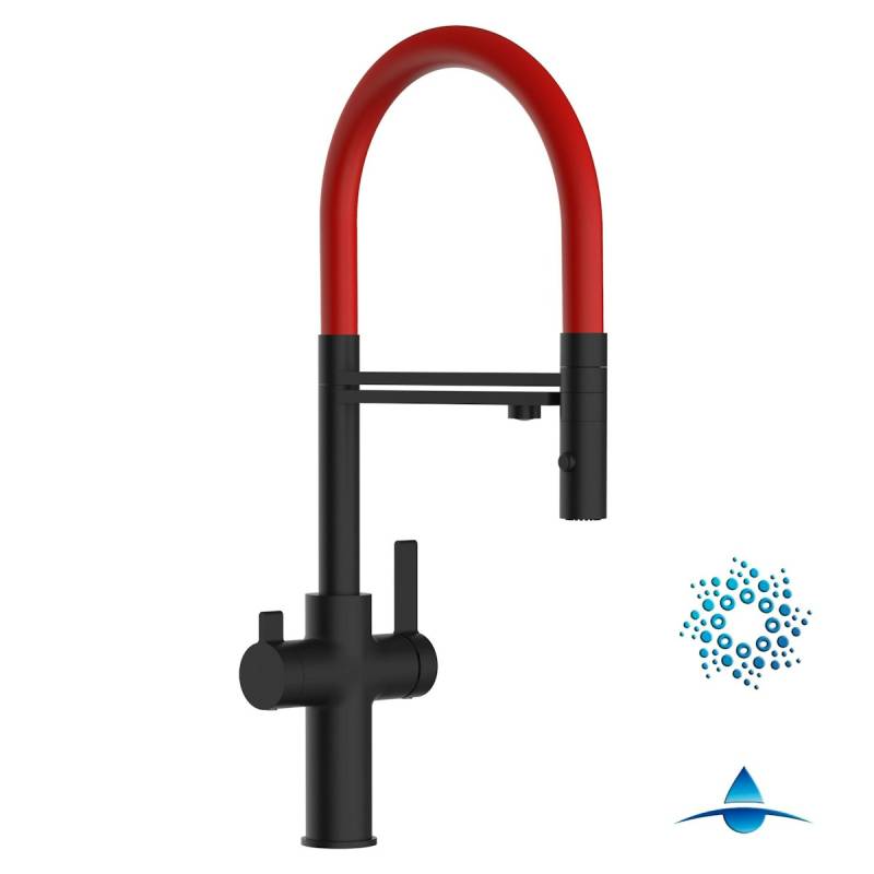 4 Wege Wasserhahn Küchenarmatur, FC, mit 360° schwenkbarem Auslauf, abnehmbare 2 strahl Handbrause, Schwarz Matt / Rot von Vizio