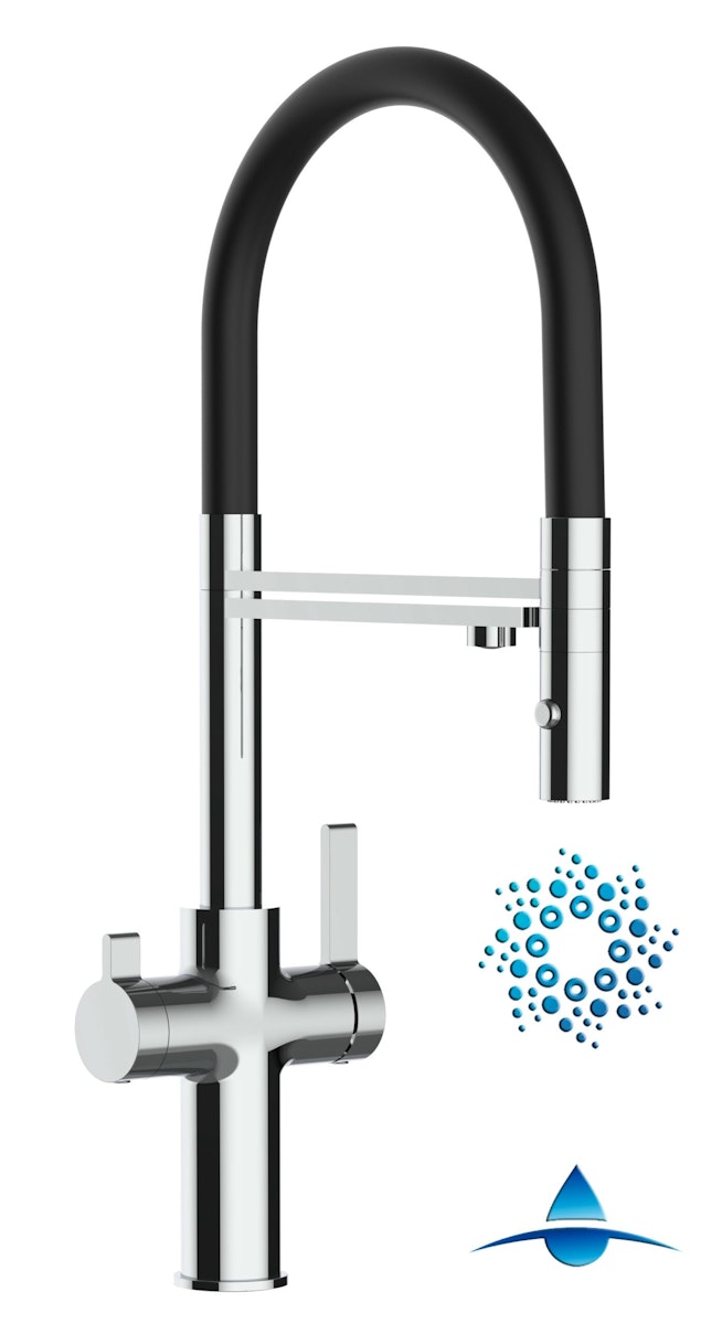 4 Wege Wasserhahn Küchenarmatur, FC, mit 360° schwenkbarem Auslauf, abnehmbare 2 strahl Handbrause, Verchromt / Schwarz von Vizio