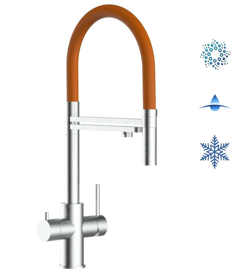 5 Wege Wasserhahn Küchenarmatur, Edelstahl Massiv mit 360° schwenkbarem Auslauf, abnehmbare 2 strahl Handbrause, Gebürstet / Orange von Vizio