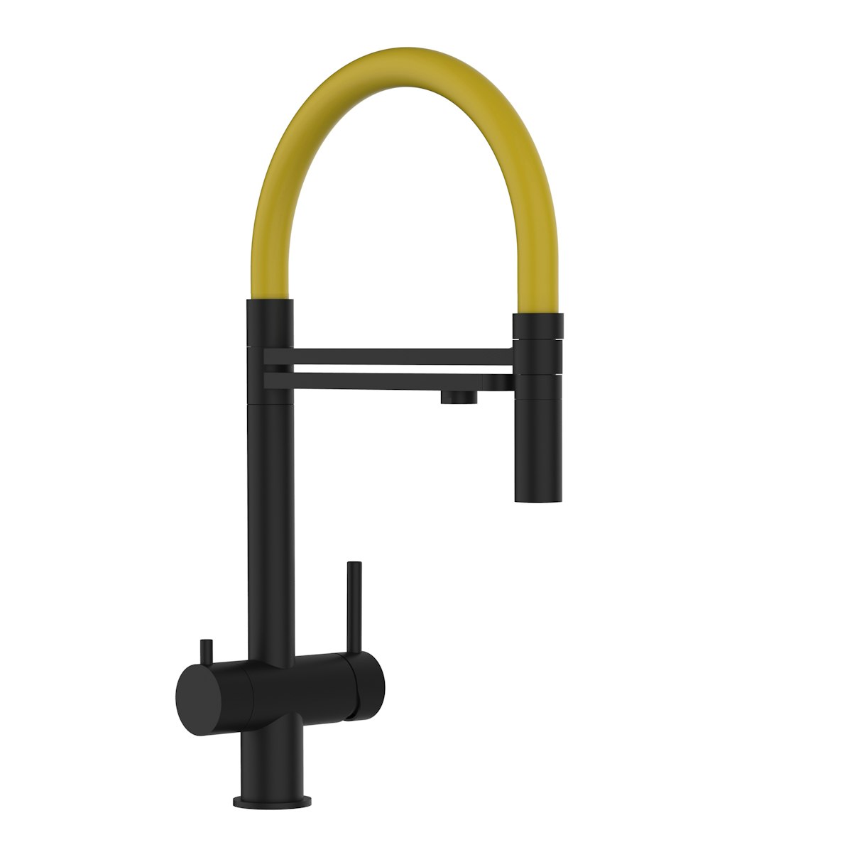 Kurzversion 45 cm - 3 Wege Wasserhahn Küchenarmatur, Edelstahl Massiv mit 360° schwenkbarem Auslauf und abnehmbare 2 strahl Handbrause, PVD Schwarz Matt / Gelb von Vizio