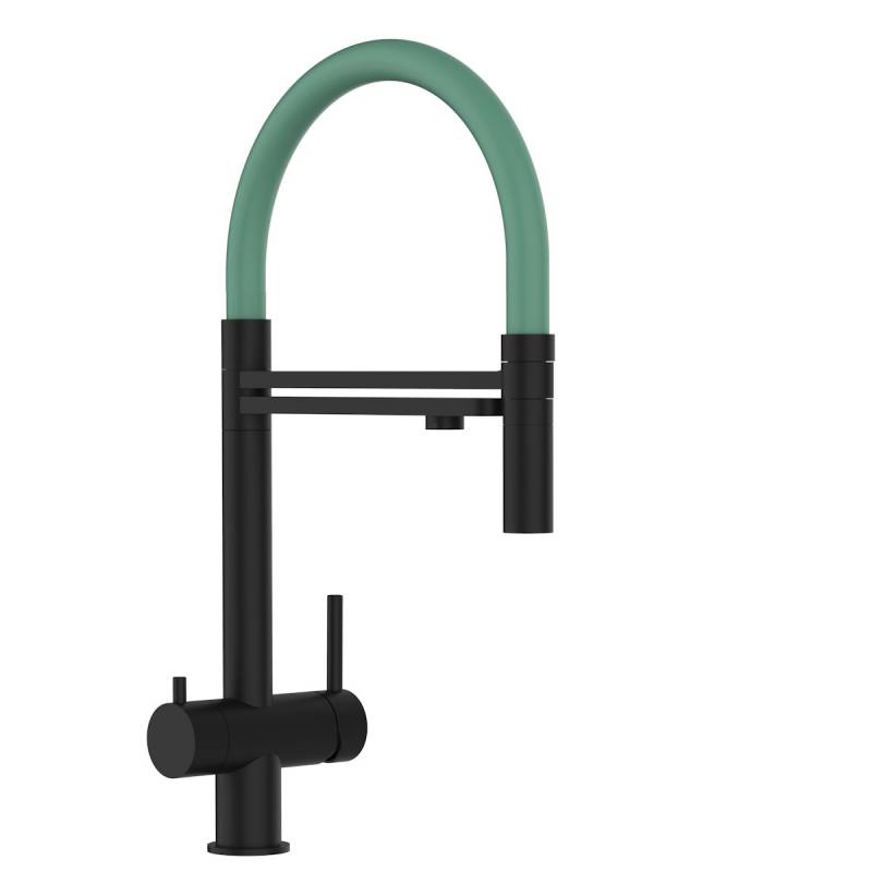 Kurzversion 45 cm - 3 Wege Wasserhahn Küchenarmatur, Edelstahl Massiv mit 360° schwenkbarem Auslauf und abnehmbare 2 strahl Handbrause, PVD Schwarz Matt / Türkis von Vizio