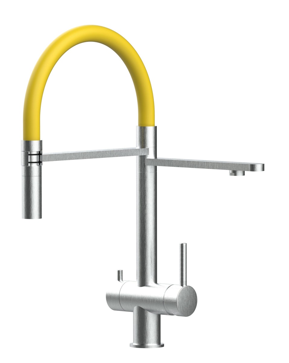 Kurzversion 45CM - 3 Wege Wasserhahn Küchenarmatur, Edelstahl Massiv mit 360° schwenkbarem Auslauf, abnehmbare 2 strahl Handbrause, Gebürstet / Gelb von Vizio