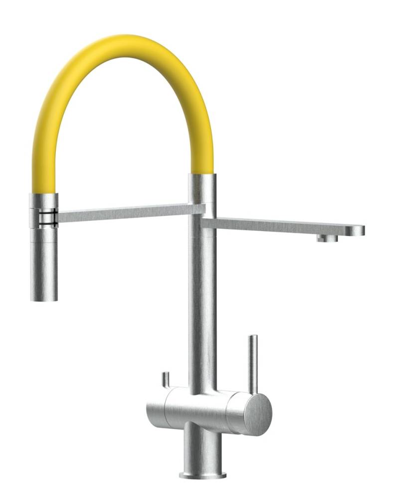 Kurzversion 45CM - 3 Wege Wasserhahn Küchenarmatur, Edelstahl Massiv mit 360° schwenkbarem Auslauf, abnehmbare 2 strahl Handbrause, Gebürstet / Gelb von Vizio