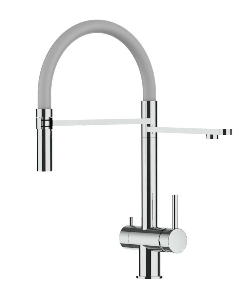 Kurzversion 45CM - 3 Wege Wasserhahn Küchenarmatur, Edelstahl Massiv mit 360° schwenkbarem Auslauf, abnehmbare 2 strahl Handbrause, Hochglanz / Grau von Vizio