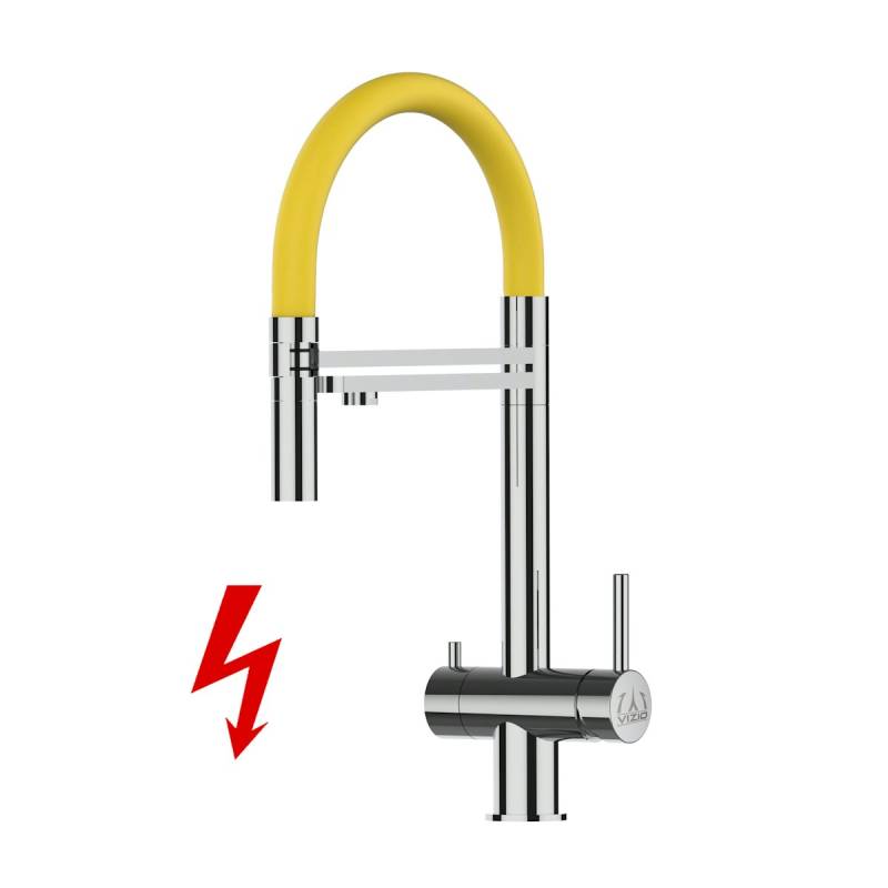 Kurzversion 45CM - NIEDERDRUCK 3 Wege Wasserhahn Küchenarmatur, Edelstahl Massiv mit 360° schwenkbarem Auslauf, abnehmbare 2 strahl Handbrause, Hochglanz / Gelb von Vizio