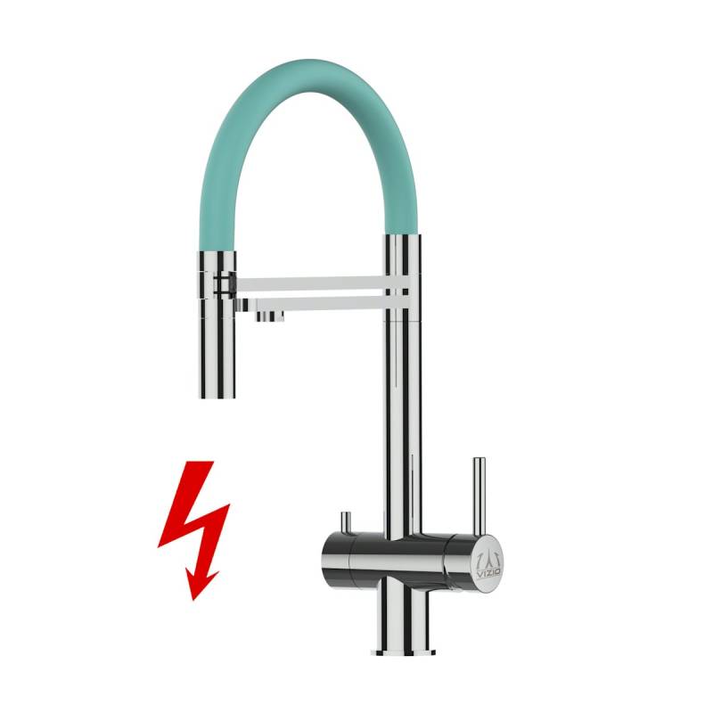 Kurzversion 45CM - NIEDERDRUCK 3 Wege Wasserhahn Küchenarmatur, Edelstahl Massiv mit 360° schwenkbarem Auslauf, abnehmbare 2 strahl Handbrause, Hochglanz / Türkis von Vizio