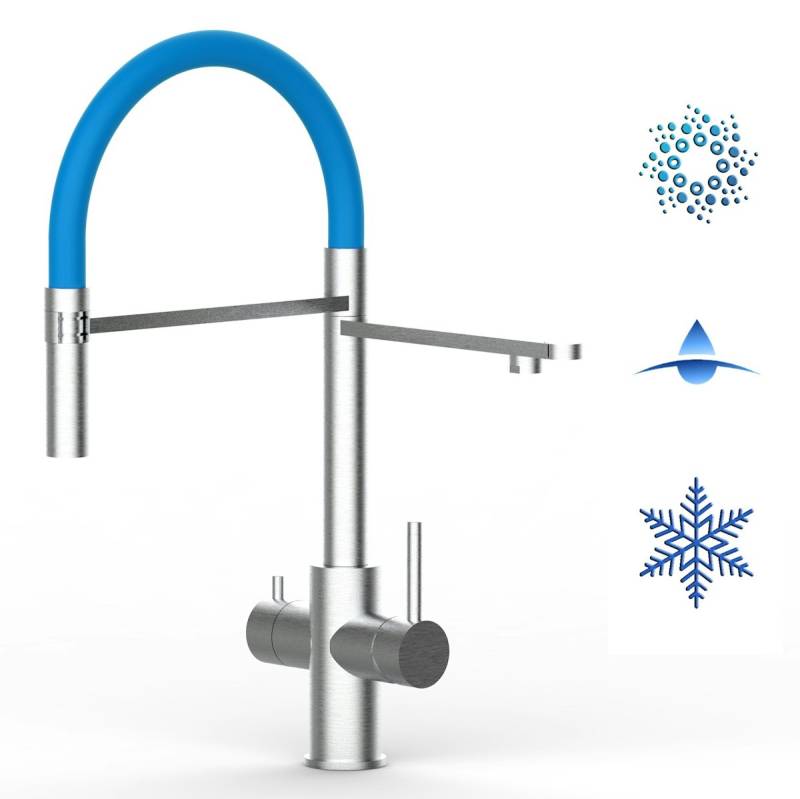 Kurzversion 47 cm - 5 Wege Wasserhahn Küchenarmatur, Edelstahl Massiv mit 360° schwenkbarem Auslauf, abnehmbare 2 strahl Handbrause, Gebürstet / Hellblau von Vizio