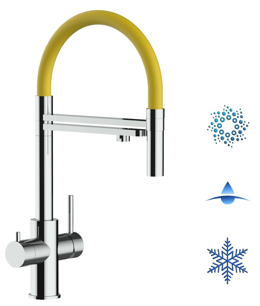 Kurzversion 47 cm - 5 Wege Wasserhahn Küchenarmatur, Edelstahl Massiv mit 360° schwenkbarem Auslauf, abnehmbare 2 strahl Handbrause, Hochglanz / Gelb von Vizio