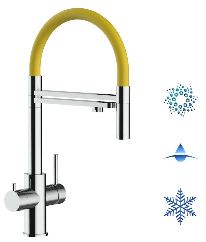 Kurzversion 47 cm - 5 Wege Wasserhahn Küchenarmatur, Edelstahl Massiv mit 360° schwenkbarem Auslauf, abnehmbare 2 strahl Handbrause, Hochglanz / Gelb von Vizio