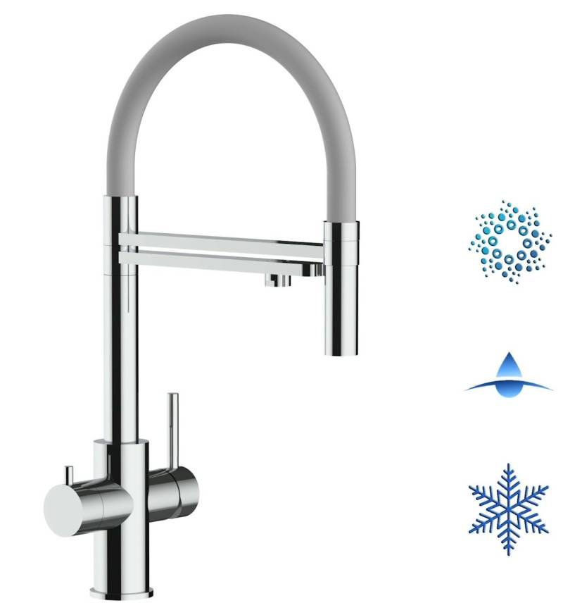 Kurzversion 47 cm - 5 Wege Wasserhahn Küchenarmatur, Edelstahl Massiv mit 360° schwenkbarem Auslauf, abnehmbare 2 strahl Handbrause, Hochglanz / Grau von Vizio
