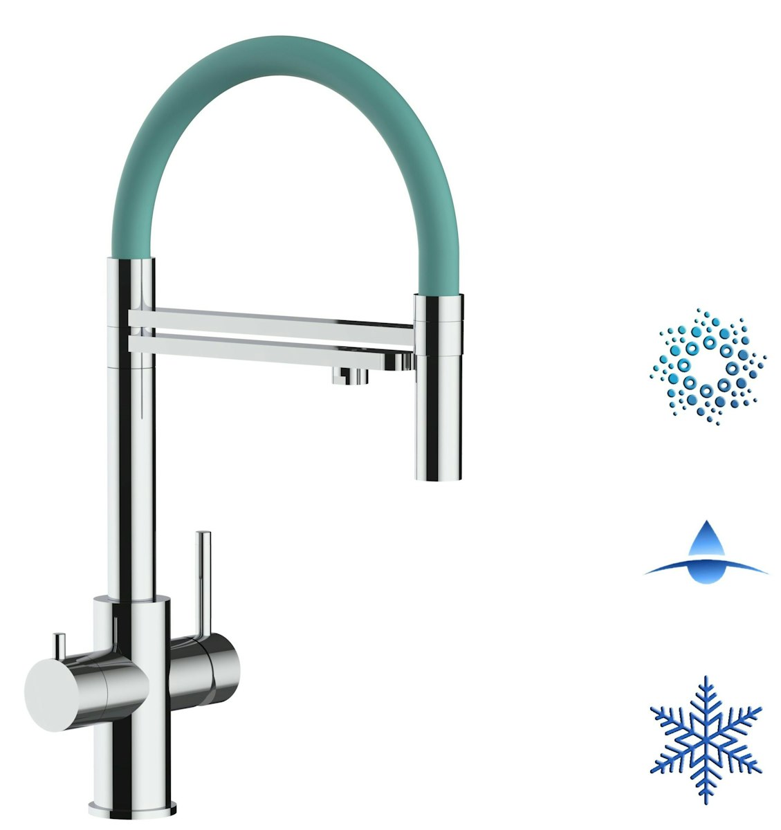 Kurzversion 47 cm - 5 Wege Wasserhahn Küchenarmatur, Edelstahl Massiv mit 360° schwenkbarem Auslauf, abnehmbare 2 strahl Handbrause, Hochglanz / Turkis von Vizio