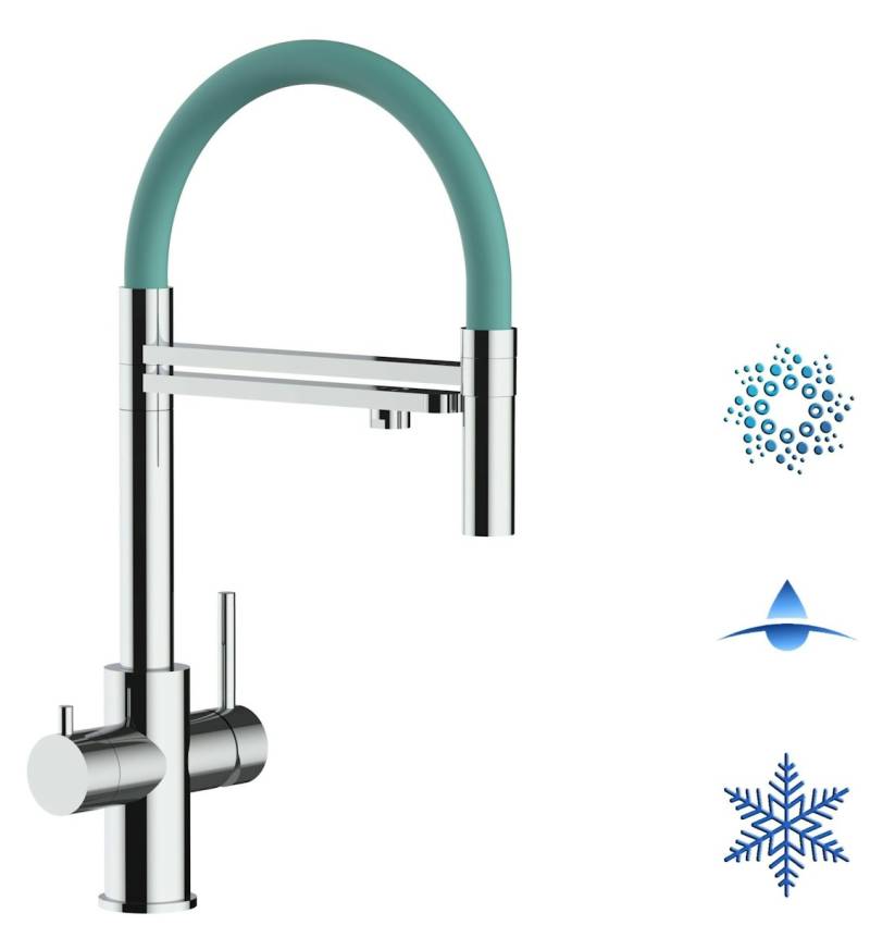 Kurzversion 47 cm - 5 Wege Wasserhahn Küchenarmatur, Edelstahl Massiv mit 360° schwenkbarem Auslauf, abnehmbare 2 strahl Handbrause, Hochglanz / Turkis von Vizio