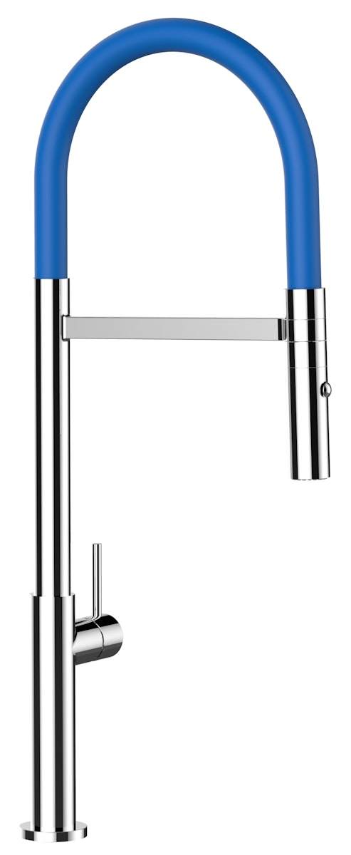 Minimalistischer Wasserhahn Küchenarmatur, TECNO, mit 360° schwenkbarem Auslauf, abnehmbare 2 strahl Handbrause, Verchromt / Blau von Vizio