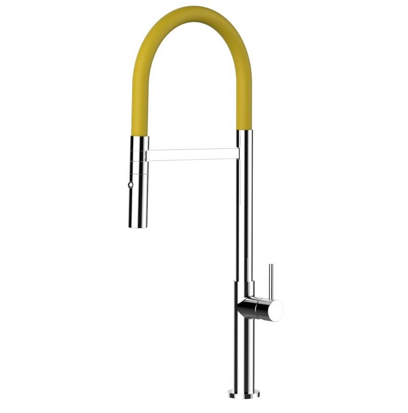 Minimalistischer Wasserhahn Küchenarmatur, TECNO, mit 360° schwenkbarem Auslauf, abnehmbare 2 strahl Handbrause, Verchromt / Gelb von Vizio