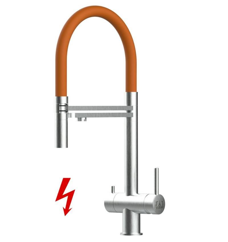 NIEDERDRUCK 3 Wege Wasserhahn Küchenarmatur, Edelstahl Massiv mit 360° schwenkbarem Auslauf, abnehmbare 2 strahl Handbrause, Gebürstet / Orange von Vizio