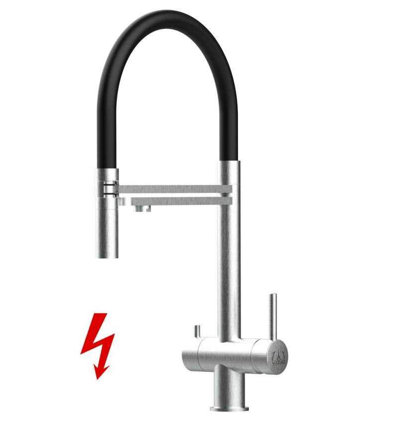 NIEDERDRUCK 3 Wege Wasserhahn Küchenarmatur, Edelstahl Massiv mit 360° schwenkbarem Auslauf, abnehmbare 2 strahl Handbrause, Gebürstet / Schwarz von Vizio