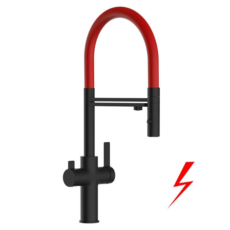 NIEDERDRUCK 3 Wege Wasserhahn Küchenarmatur, FC, mit 360° schwenkbarem Auslauf, abnehmbare 2 strahl Handbrause, Schwarz Matt / Rot von Vizio
