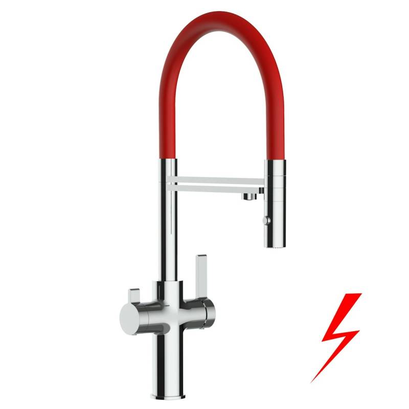 NIEDERDRUCK 3 Wege Wasserhahn Küchenarmatur, FC, mit 360° schwenkbarem Auslauf, abnehmbare 2 strahl Handbrause, Verchromt / Rot von Vizio