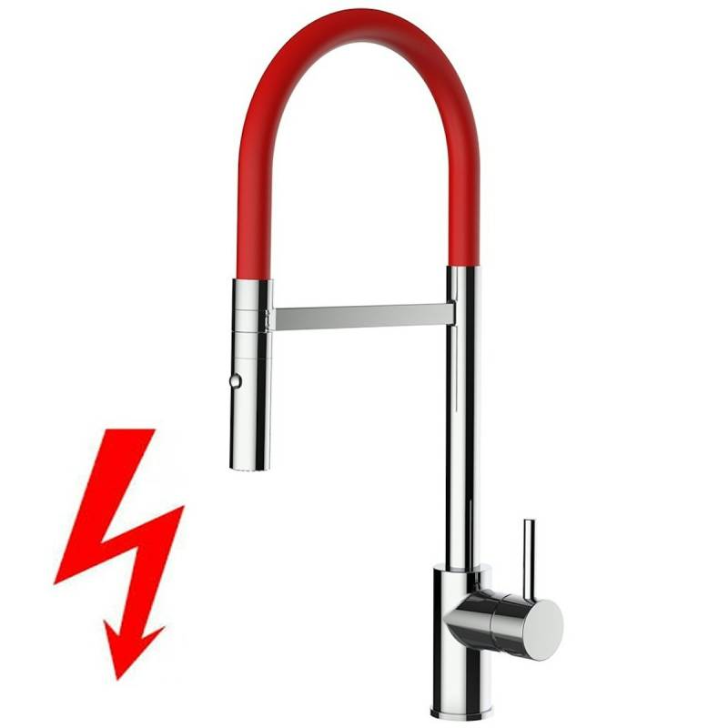 NIEDERDRUCK Wasserhahn Küchenarmatur, SAM, mit 360° schwenkbarem Auslauf, abnehmbare 2 strahl Handbrause, Verchromt / Rot von Vizio