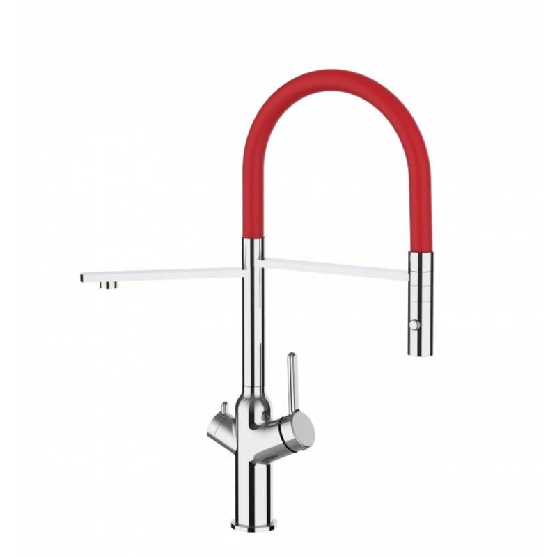 VIZIO 3 Wege Wasserhahn Küchenarmatur BOD mit 360° Schwenkbarem Auslauf Abnehmbare 2 Strahl Handbrause Verchromt   Rot von Vizio