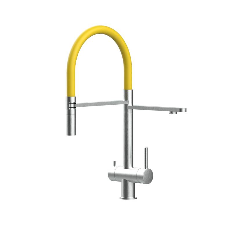 VIZIO 3 Wege Wasserhahn Küchenarmatur Edelstahl Massiv mit 360° Schwenkbarem Auslauf Abnehmbare 2 Strahl Handbrause Gebürstet   Gelb von Vizio