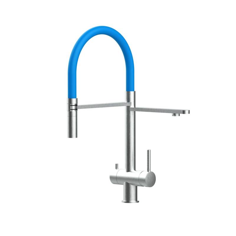 VIZIO 3 Wege Wasserhahn Küchenarmatur Edelstahl Massiv mit 360° Schwenkbarem Auslauf Abnehmbare 2 Strahl Handbrause Gebürstet   Hellblau von Vizio