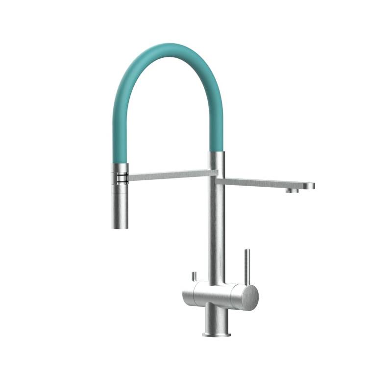 VIZIO 3 Wege Wasserhahn Küchenarmatur Edelstahl Massiv mit 360° Schwenkbarem Auslauf Abnehmbare 2 Strahl Handbrause Gebürstet   Türkis von Vizio