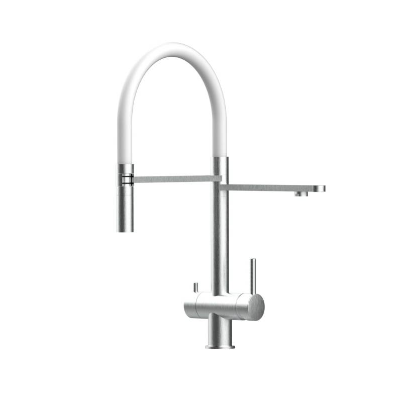 VIZIO 3 Wege Wasserhahn Küchenarmatur Edelstahl Massiv mit 360° Schwenkbarem Auslauf Abnehmbare 2 Strahl Handbrause Gebürstet   Weiß von Vizio