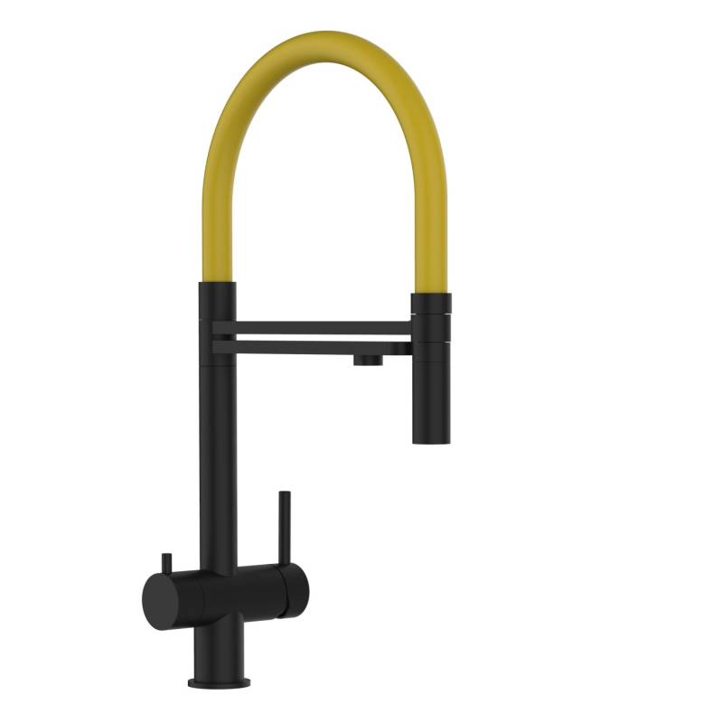 VIZIO 3 Wege Wasserhahn Küchenarmatur Edelstahl Massiv mit 360° Schwenkbarem Auslauf und Abnehmbare 2 Strahl Handbrause PVD Schwarz Matt   Gelb von Vizio
