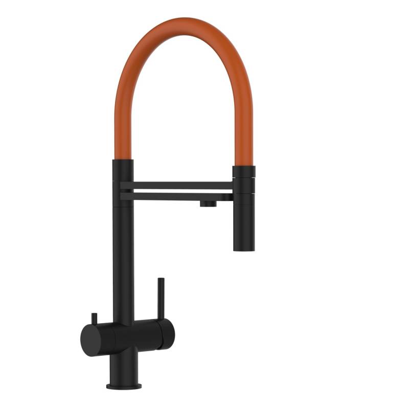 VIZIO 3 Wege Wasserhahn Küchenarmatur Edelstahl Massiv mit 360° Schwenkbarem Auslauf und Abnehmbare 2 Strahl Handbrause PVD Schwarz Matt   Orange von Vizio