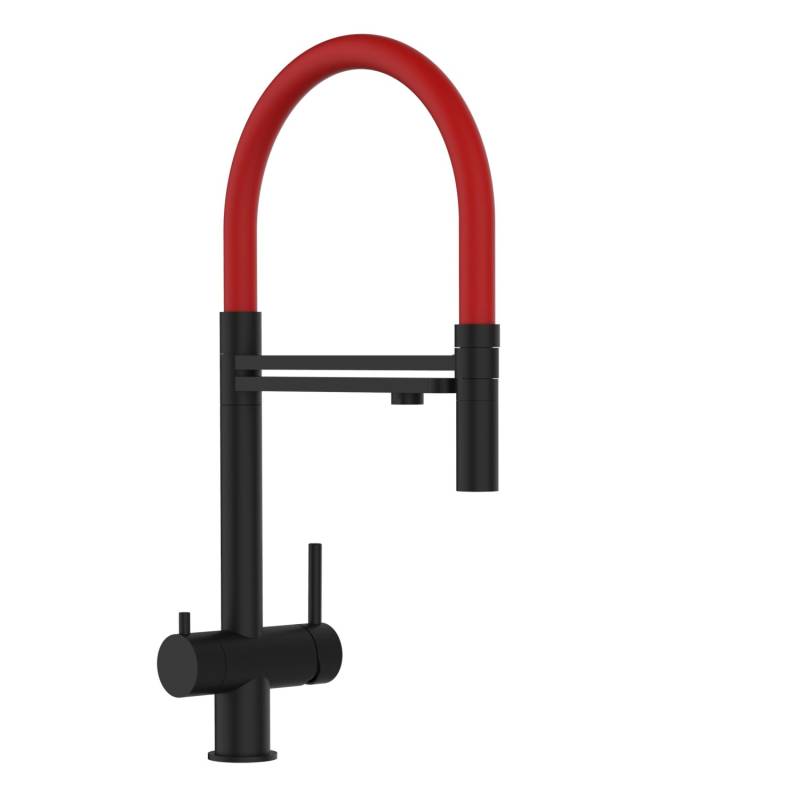 VIZIO 3 Wege Wasserhahn Küchenarmatur Edelstahl Massiv mit 360° Schwenkbarem Auslauf und Abnehmbare 2 Strahl Handbrause PVD Schwarz Matt   Rot von Vizio