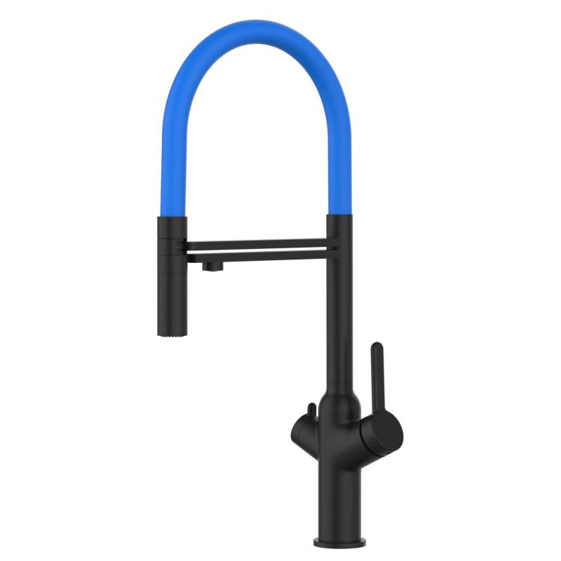 VIZIO 4 Wege Wasserhahn Küchenarmatur BOD mit 360° Schwenkbarem Auslauf Abnehmbare 2 Strahl Handbrause Schwarz Matt   Hellblau von Vizio