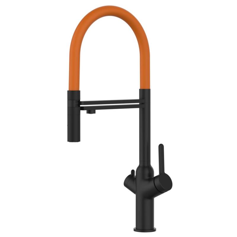VIZIO 4 Wege Wasserhahn Küchenarmatur BOD mit 360° Schwenkbarem Auslauf Abnehmbare 2 Strahl Handbrause Schwarz Matt   Orange von Vizio